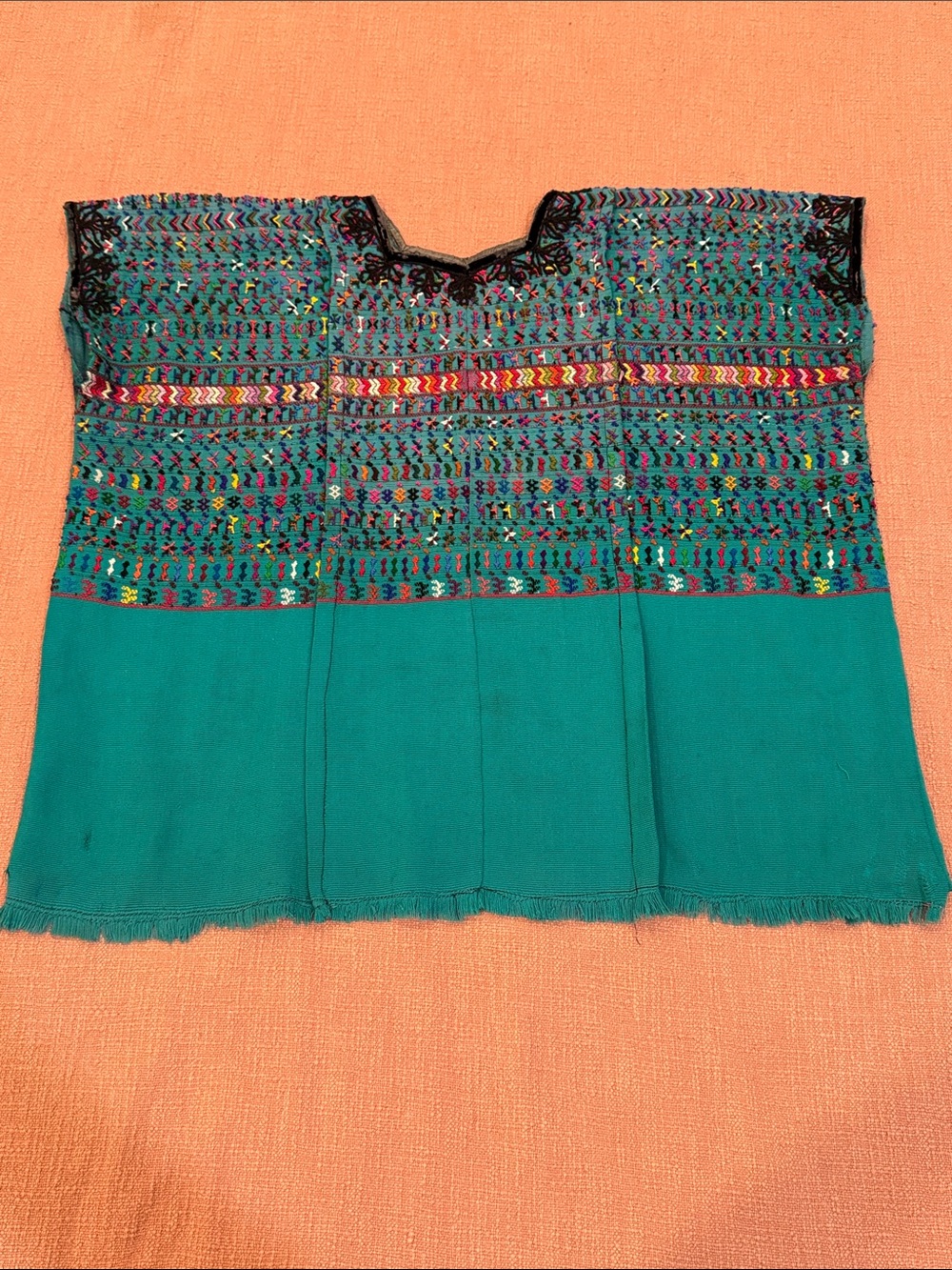 Guatemalan Embroidered huipil poncho / Teal Cotton Tunic Top